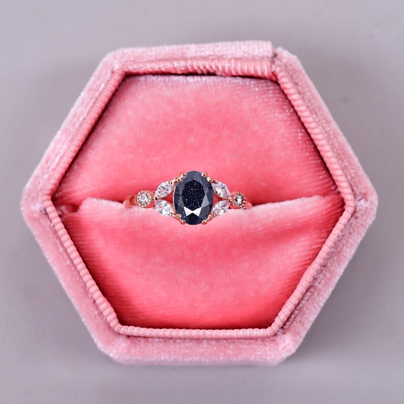 Unique Galaxy Healing Oval Cut Blue Sandstone Ring