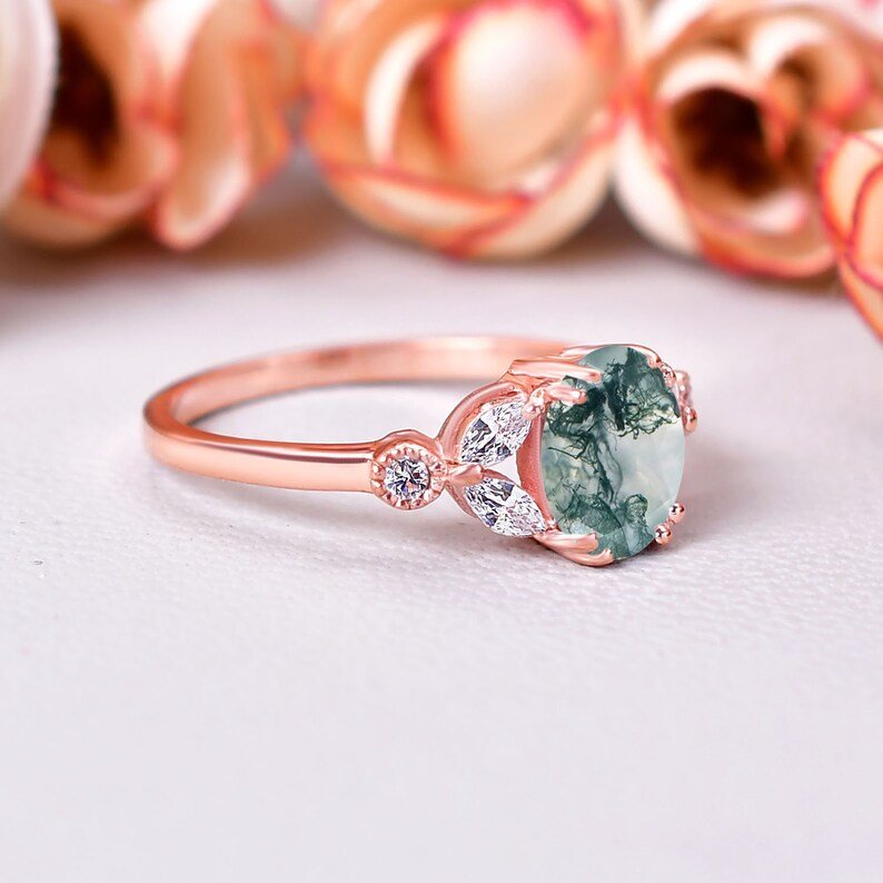 Vintage Oval Cut Green Moss Agate Engagement Ring