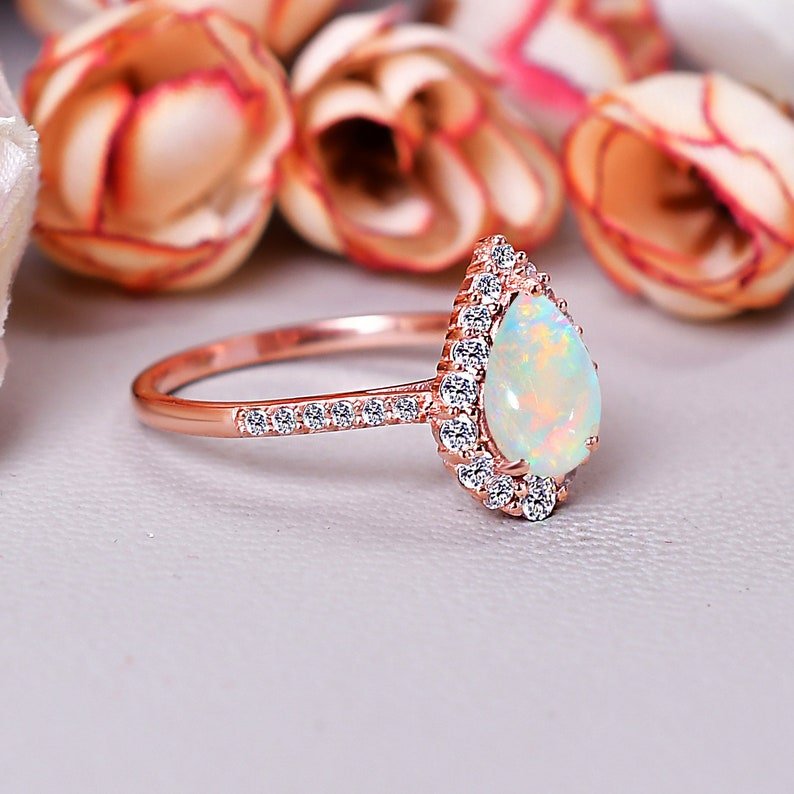 Sparkling Opal Ring Pear Shape Opal Halo Ring