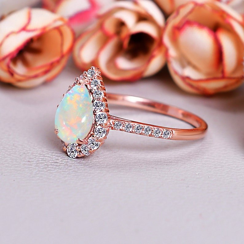 Sparkling Opal Ring Pear Shape Opal Halo Ring