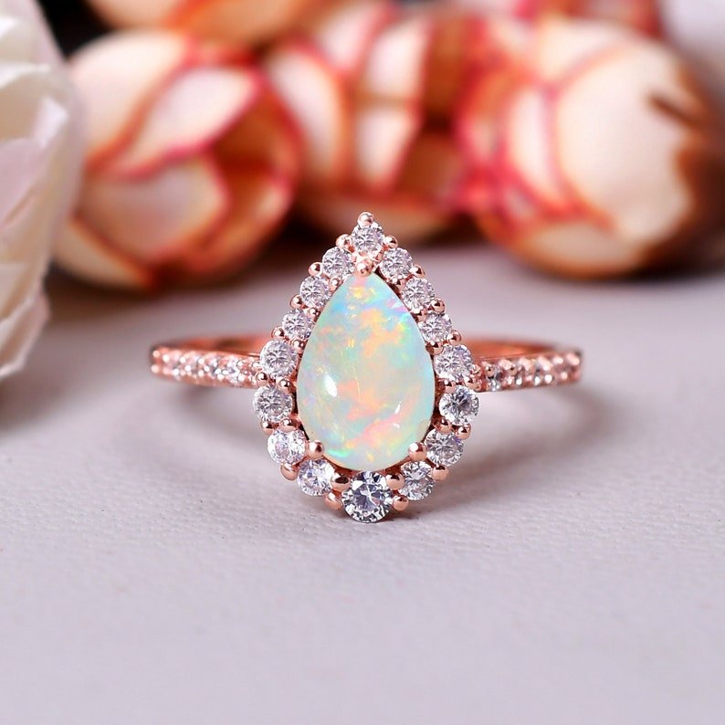 Sparkling Opal Ring Pear Shape Opal Halo Ring