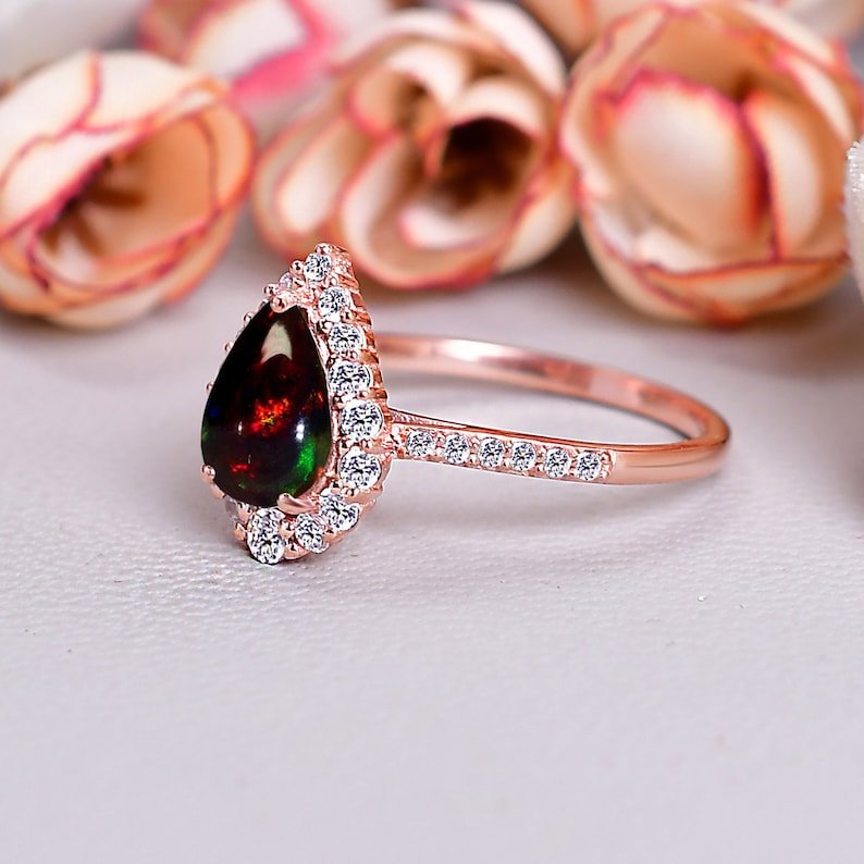 Vintage Black Opal Engagement Ring Unique Opal Ring