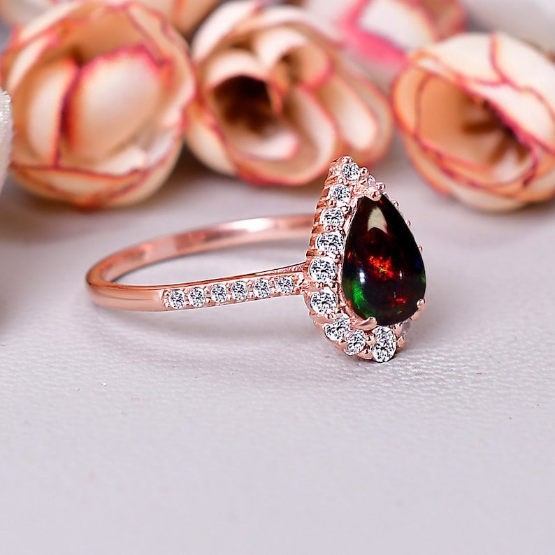 Vintage Black Opal Engagement Ring Unique Opal Ring