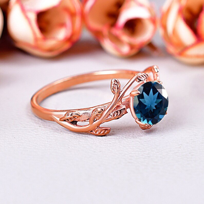 London Blue Topaz Engagement ring Leaf Design Ring