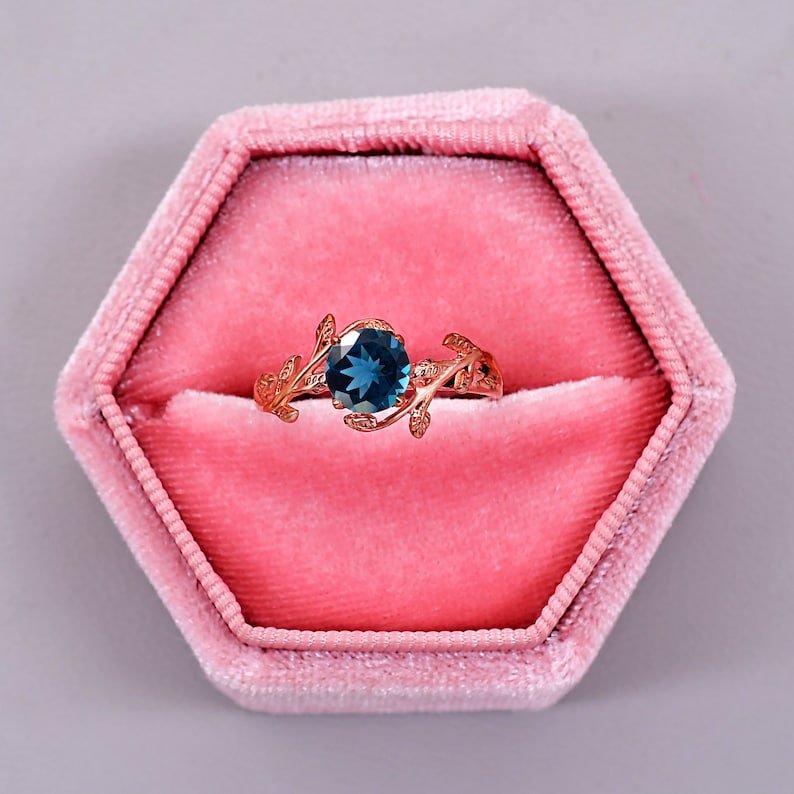 London Blue Topaz Engagement ring Leaf Design Ring