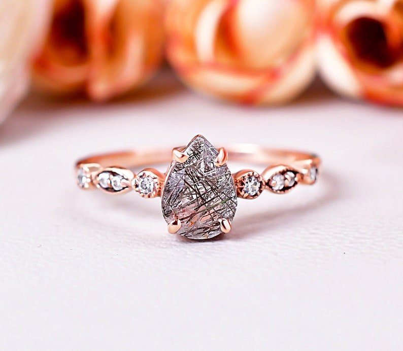 Black Rutilated Quartz & Vintage Moissanite Engagement Ring