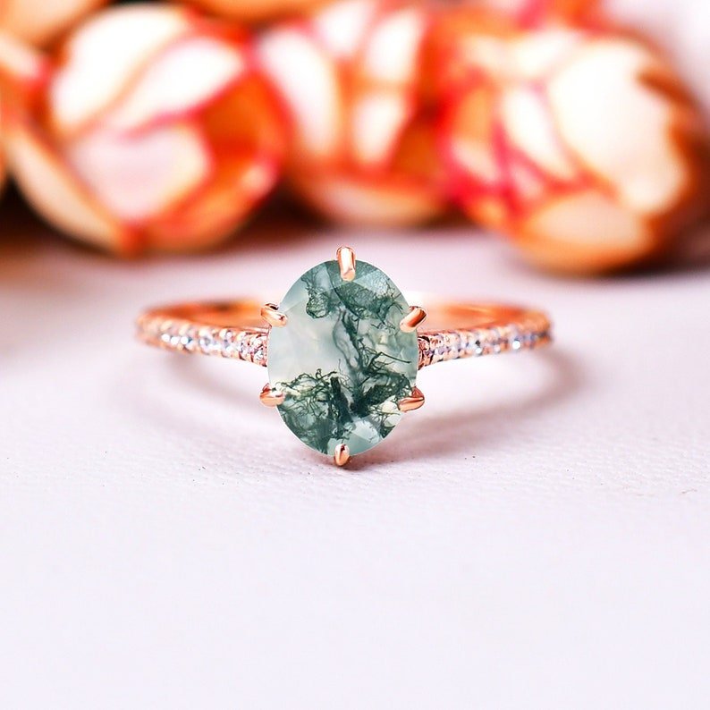 Vintage Moss agate Ring Green Gemstone Engagement Ring