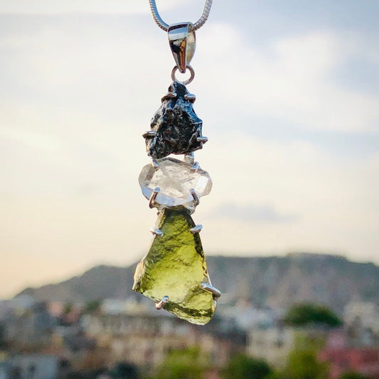 100% genuine Moldavite, herkimer and Meteorite pendant 925 Sterling Silver Handmade Women Jewelry