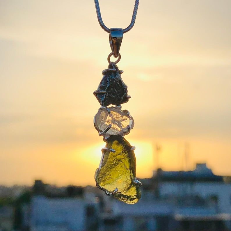 100% genuine Moldavite, herkimer and Meteorite pendant 925 Sterling Silver Handmade Women Jewelry