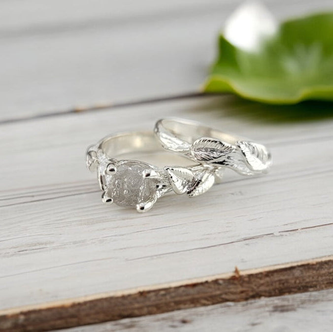 Sterling Silver Leaf and Twig Raw Diamond Ring