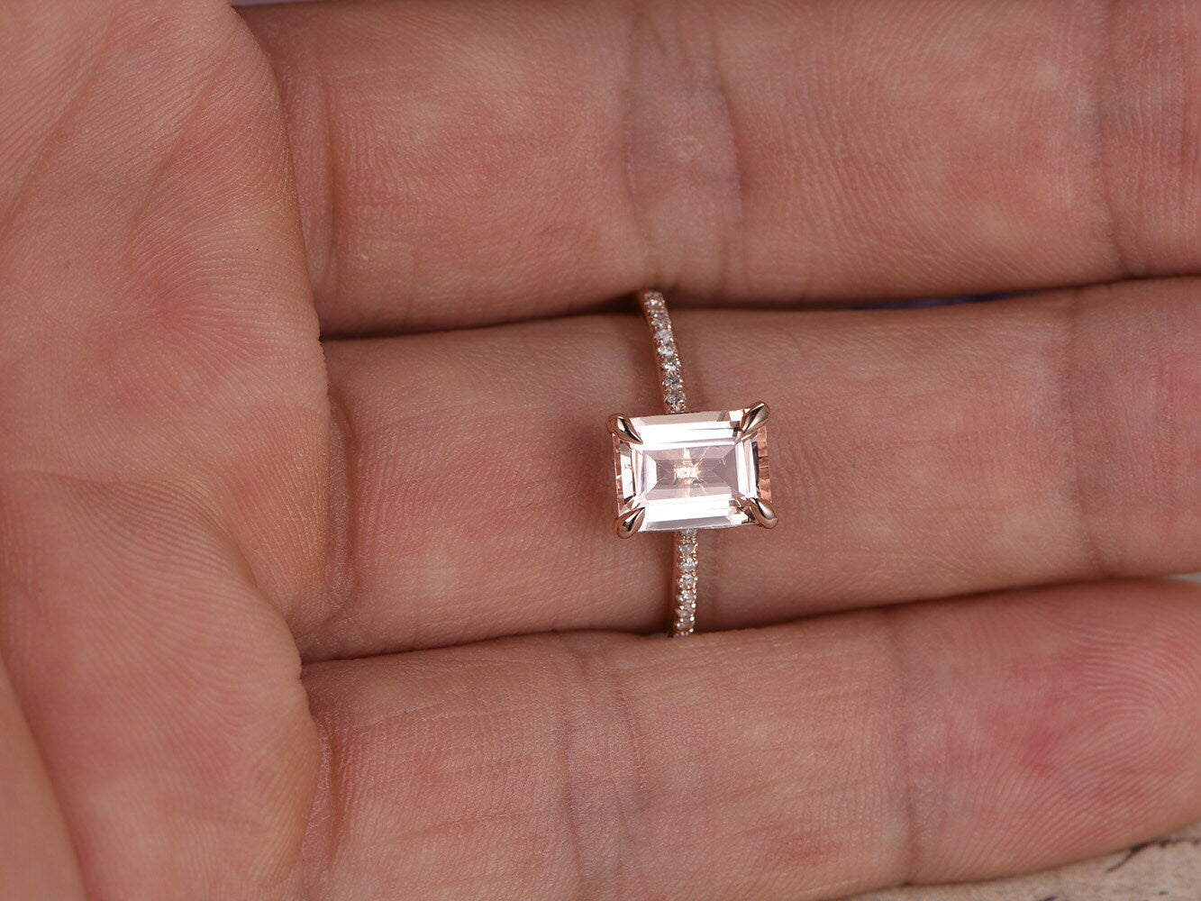Emerald cut natural morganite engagement ring 14K rose gold morganite diamond bridal ring for women antique promise ring for women