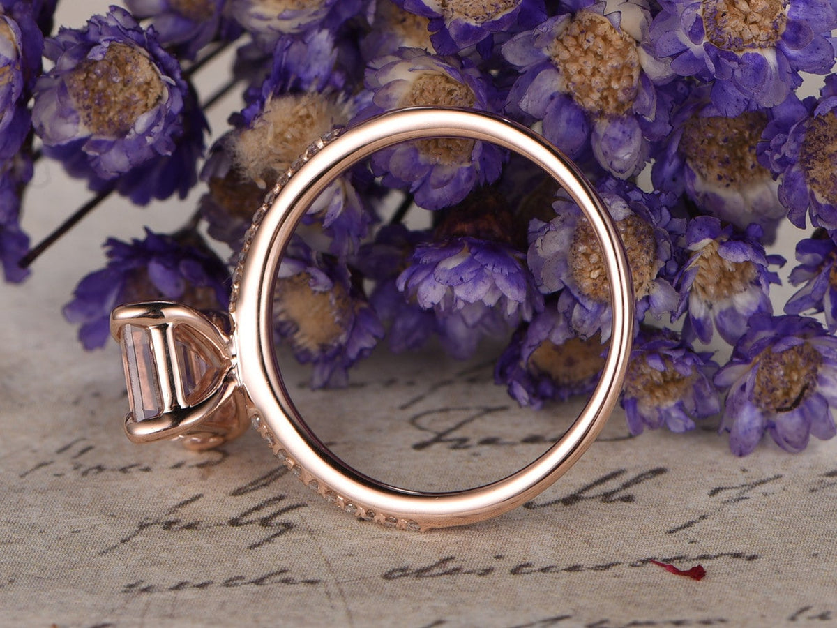 Emerald cut natural morganite engagement ring 14K rose gold morganite diamond bridal ring for women antique promise ring for women