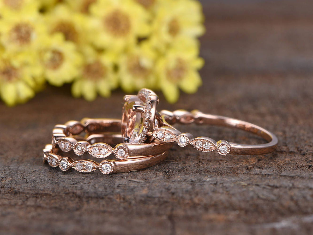 Heart Morganite Engagement Ring Set, Rose Gold Diamond Art Deco Wedding Bands