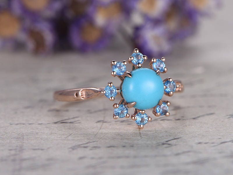 Floral Blue Round Cut Turquoise Engagement Ring,  Swiss Blue Topaz Halo Wedding Ring, 14K Rose Gold Promise Ring, Handmade Anniversary Gift