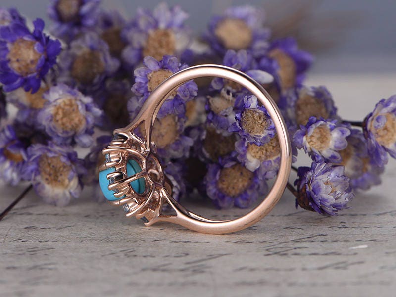 Floral Blue Round Cut Turquoise Engagement Ring,  Swiss Blue Topaz Halo Wedding Ring, 14K Rose Gold Promise Ring, Handmade Anniversary Gift