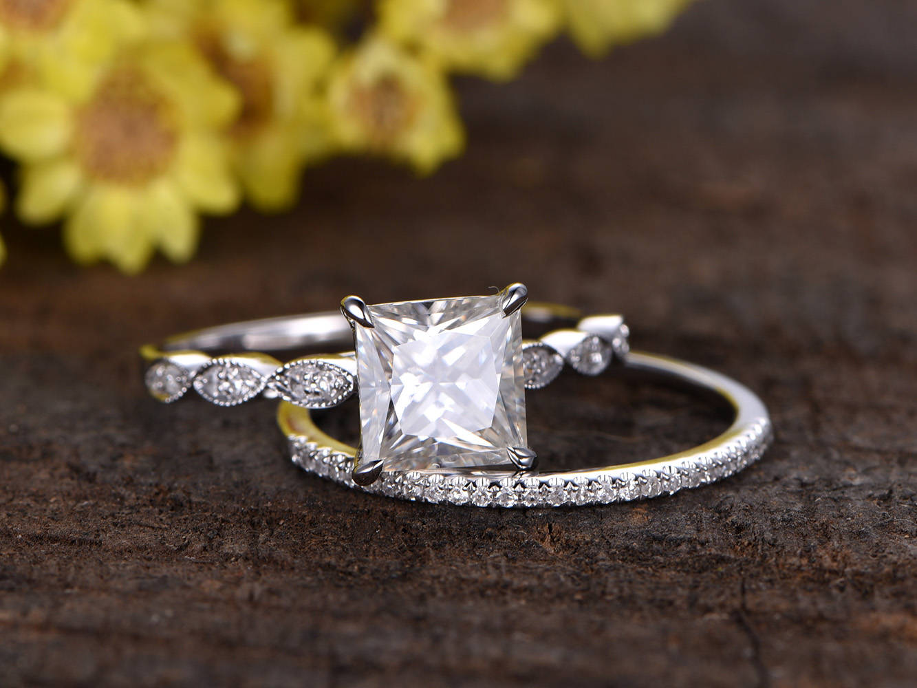 Princess Cut Moissanite Engagement Ring Set, Diamond Marquise Band, 14k White Gold