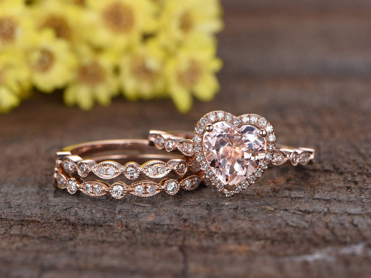 Heart Morganite Engagement Ring Set, Rose Gold Diamond Art Deco Wedding Bands
