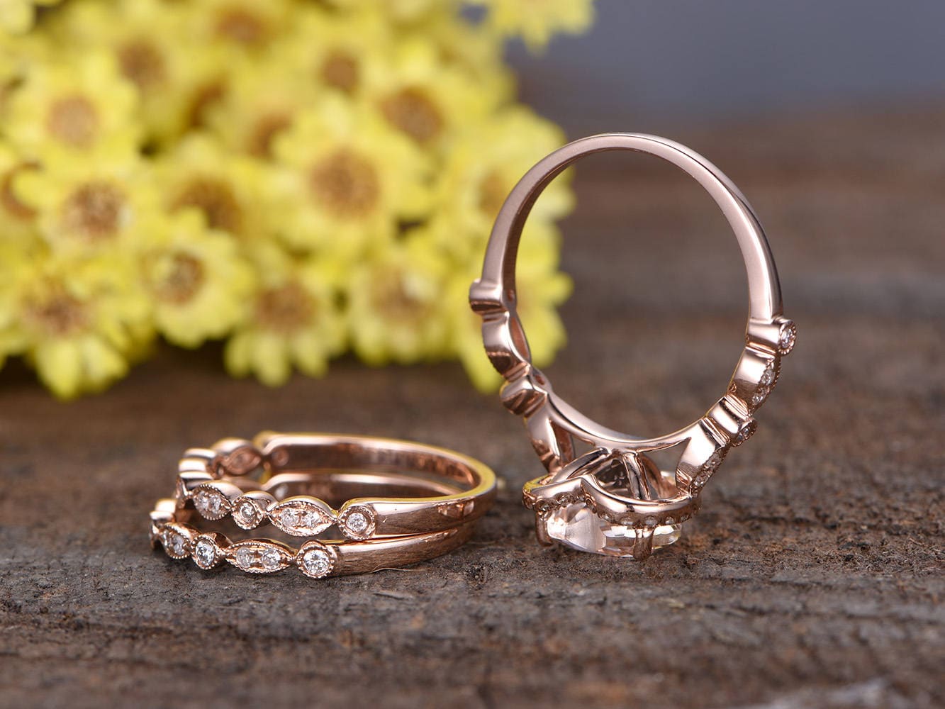 Heart Morganite Engagement Ring Set, Rose Gold Diamond Art Deco Wedding Bands
