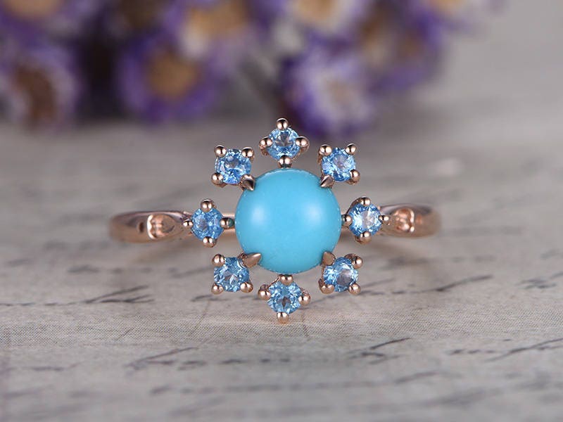 Floral Blue Round Cut Turquoise Engagement Ring,  Swiss Blue Topaz Halo Wedding Ring, 14K Rose Gold Promise Ring, Handmade Anniversary Gift