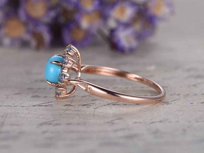 Floral Blue Round Cut Turquoise Engagement Ring,  Swiss Blue Topaz Halo Wedding Ring, 14K Rose Gold Promise Ring, Handmade Anniversary Gift
