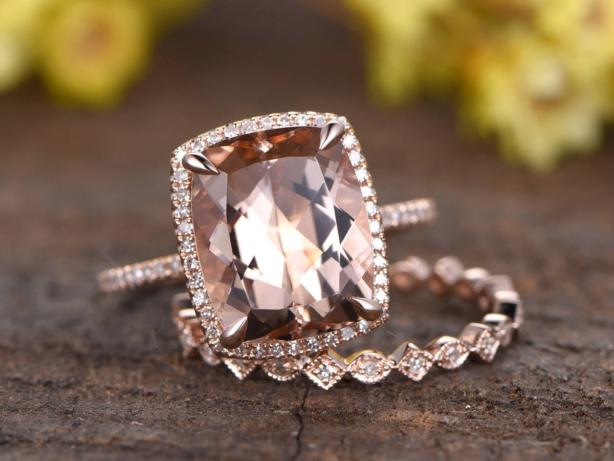 Cushion Cut Morganite Engagement Ring Set, 14K Rose Gold Diamond Bridal Band