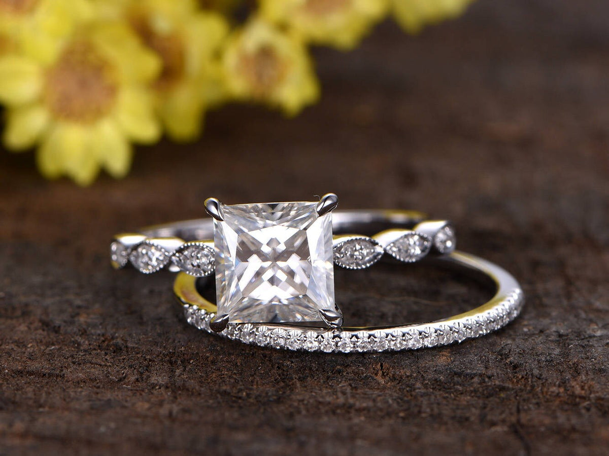 2 Carat Princess Cut Lab Grown Diamond Engagement Ring Set
