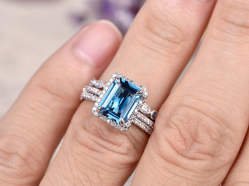 Emerald cut London Blue Topaz Engagement Ring Solid 14k White gold Halo diamond topaz bridal set art deco bridal wedding ring set for women