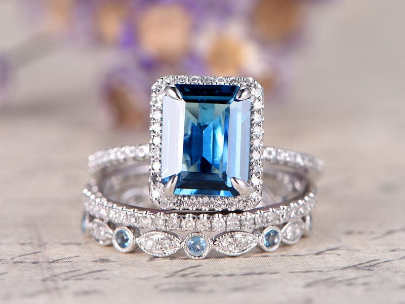 Emerald cut London Blue Topaz Engagement Ring Solid 14k White gold Halo diamond topaz bridal set art deco bridal wedding ring set for women