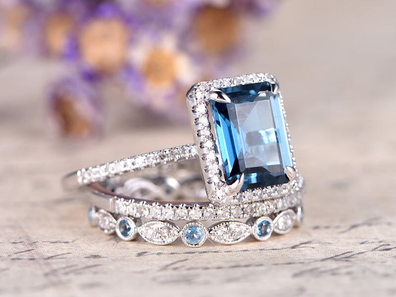 Emerald cut London Blue Topaz Engagement Ring Solid 14k White gold Halo diamond topaz bridal set art deco bridal wedding ring set for women