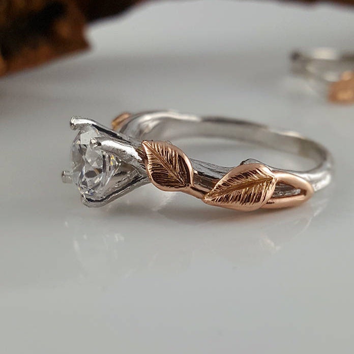 Two Tone Gold Moissanite Engagement Ring Set: Custom Leaf & Twig Bridal Rings