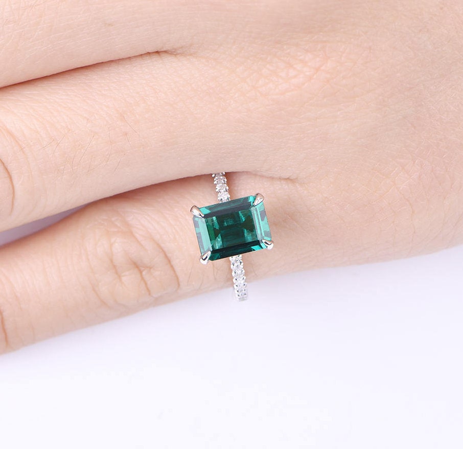 Emerald engagement ring 6x8mm emerald-cut lab created emerald ring real diamond wedding band diamond setting 14k white gold birthstone ring
