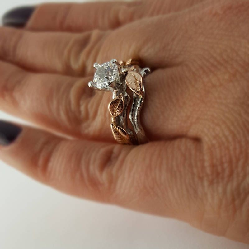Two Tone Gold Moissanite Engagement Ring Set: Custom Leaf & Twig Bridal Rings