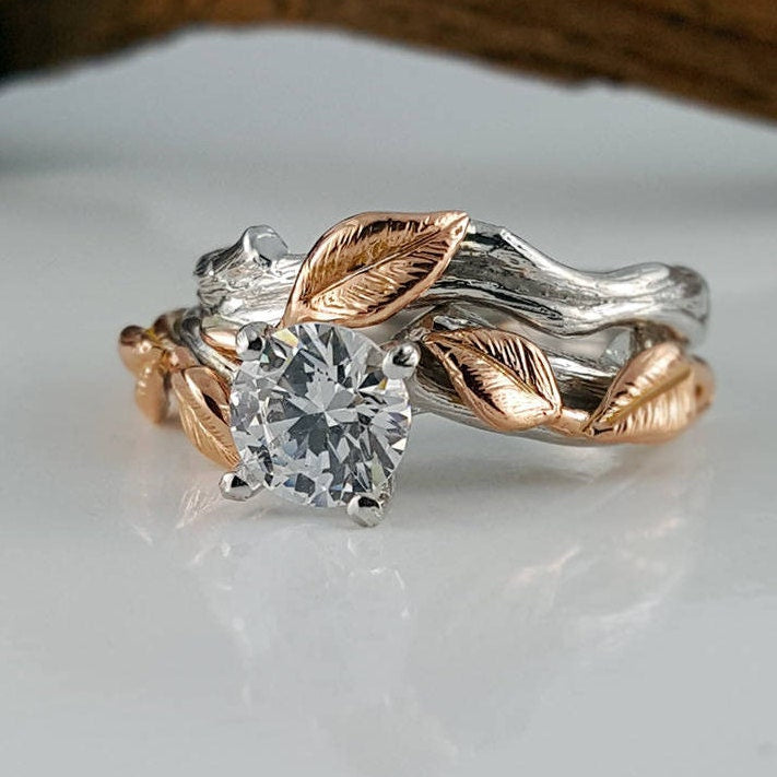 Two Tone Gold Moissanite Engagement Ring Set: Custom Leaf & Twig Bridal Rings