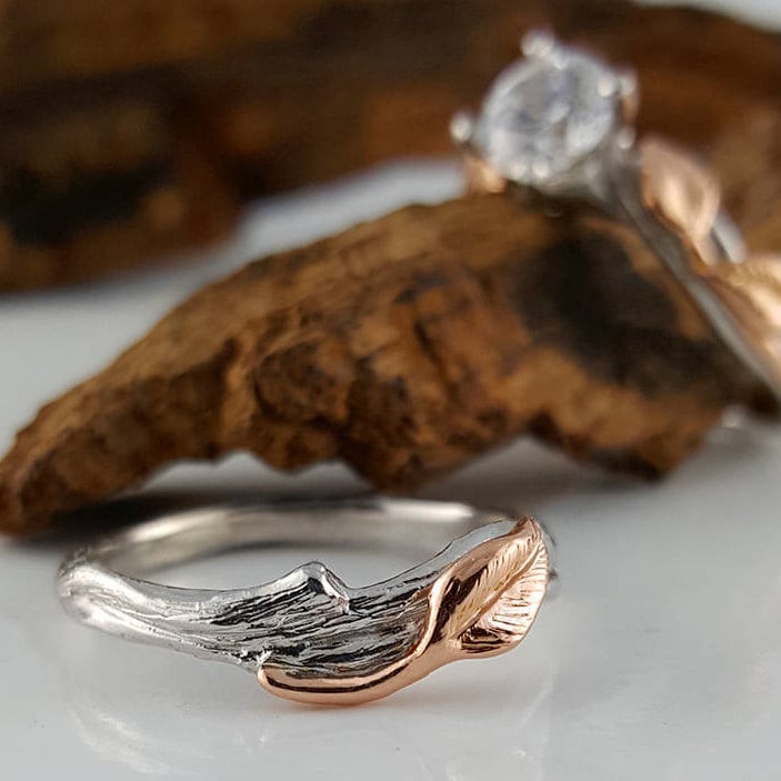 Two Tone Gold Moissanite Engagement Ring Set: Custom Leaf & Twig Bridal Rings