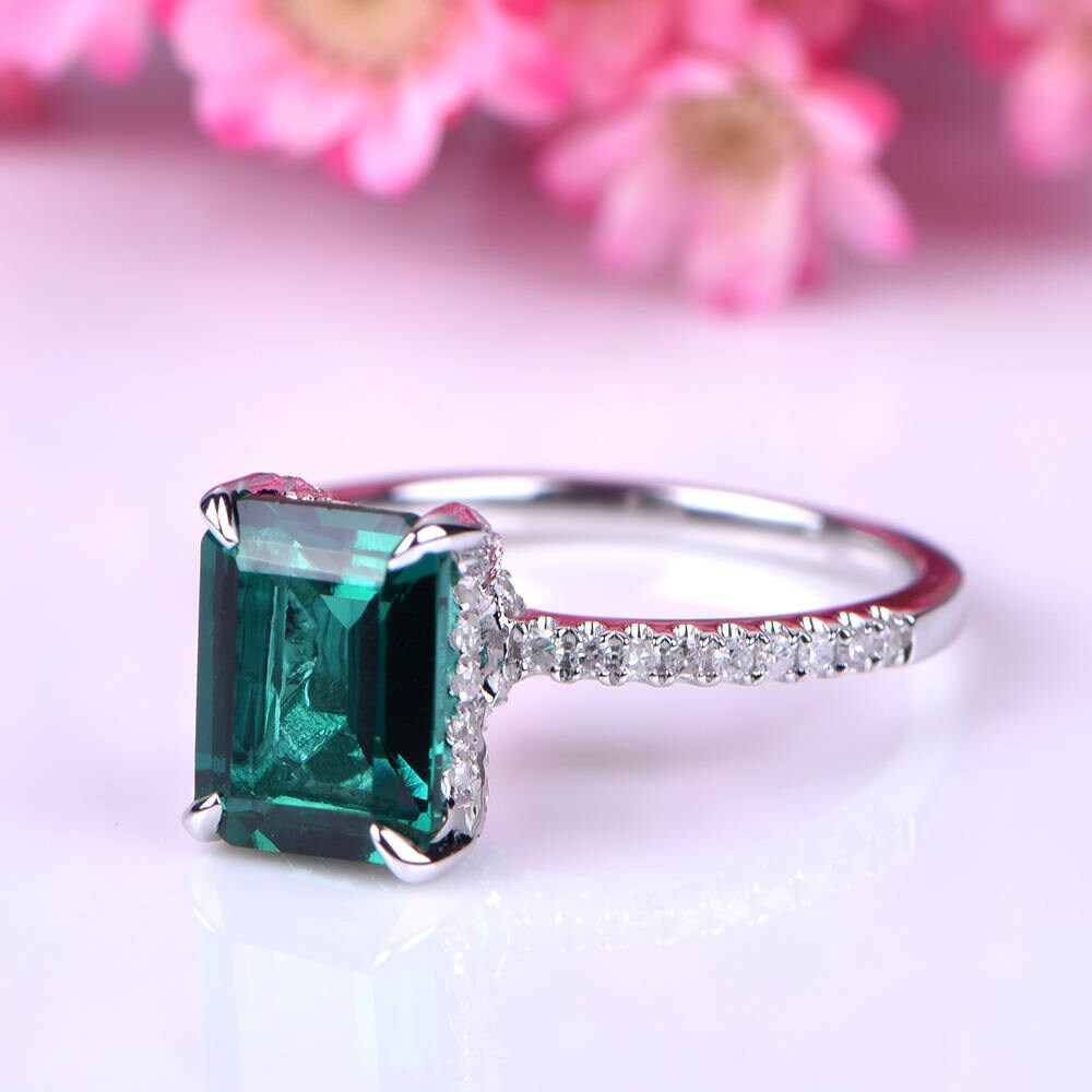 Emerald engagement ring 6x8mm emerald-cut lab created emerald ring real diamond wedding band diamond setting 14k white gold birthstone ring