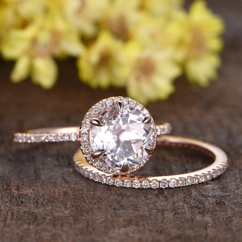 Morganite Engagement Ring Set, Diamond Rose Gold Wedding Band, Handmade