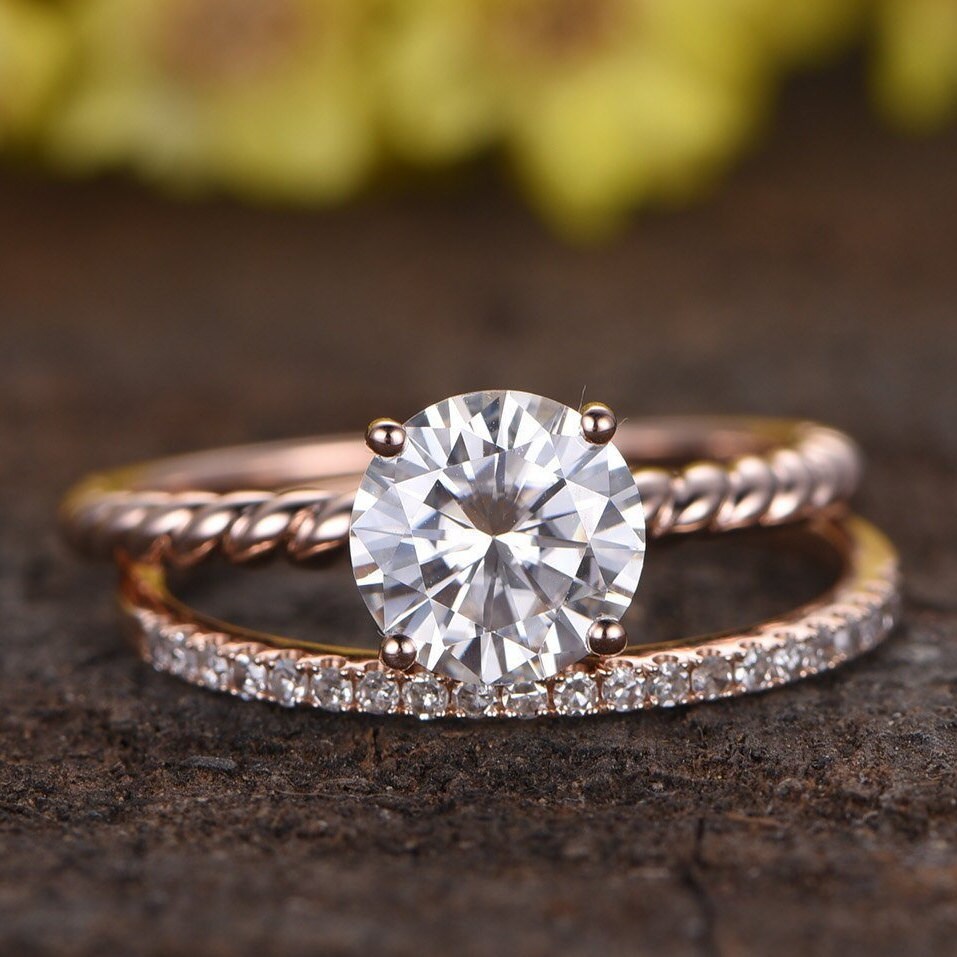 Moissanite Engagement Ring Set, 14k Rose Gold Twist Band, Diamond Wedding Ring