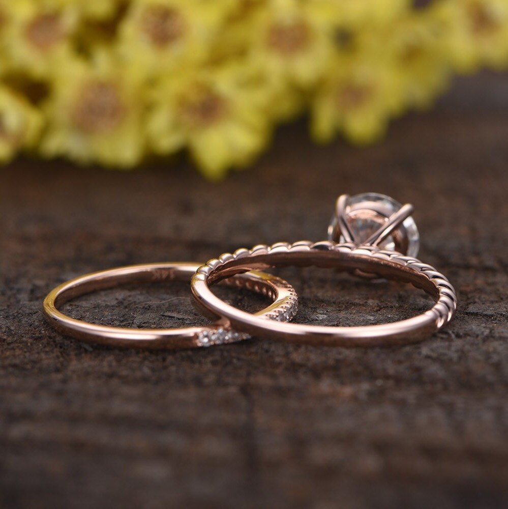 Moissanite Engagement Ring Set, 14k Rose Gold Twist Band, Diamond Wedding Ring