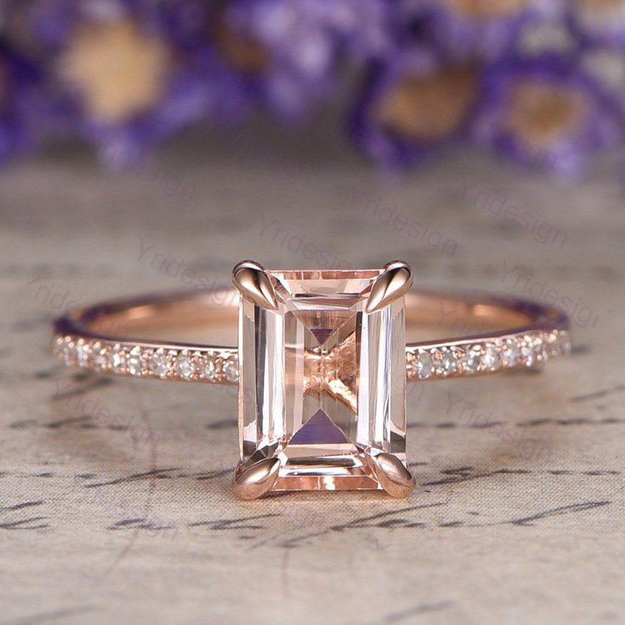 Emerald cut natural morganite engagement ring 14K rose gold morganite diamond bridal ring for women antique promise ring for women