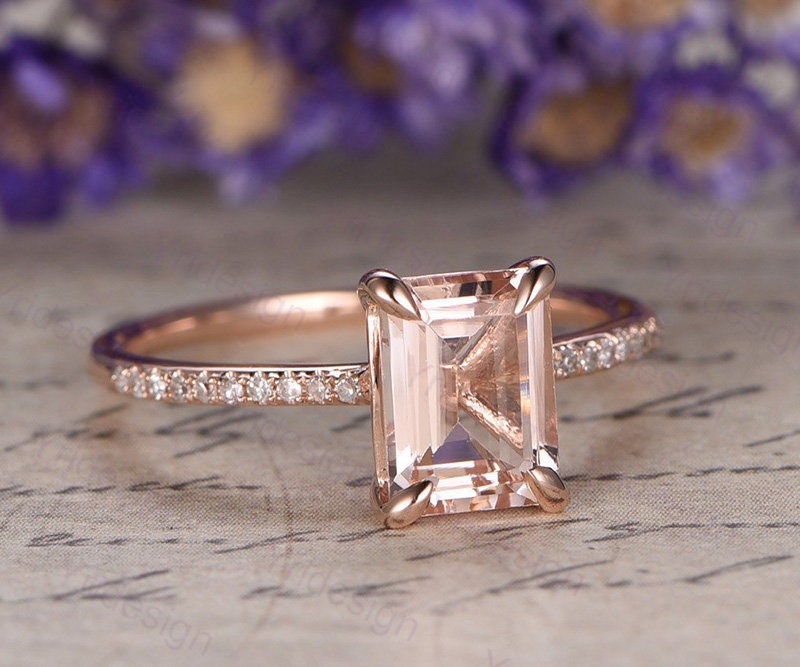 Emerald cut natural morganite engagement ring 14K rose gold morganite diamond bridal ring for women antique promise ring for women