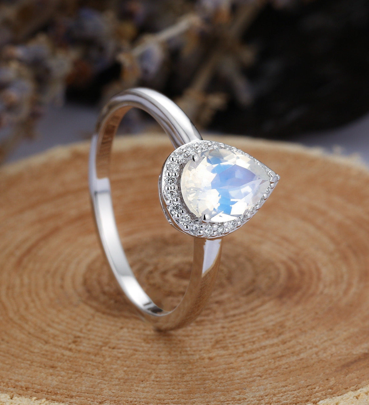 Moonstone engagement ring  Rose gold pear cut vintage Halo Moissanite unique Wedding Bridal Jewelry birthstone Anniversary wedding ring
