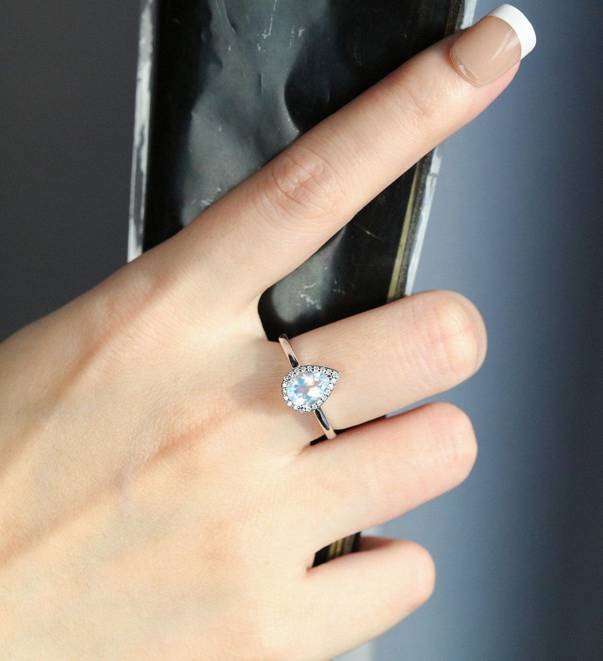 Moonstone engagement ring  Rose gold pear cut vintage Halo Moissanite unique Wedding Bridal Jewelry birthstone Anniversary wedding ring
