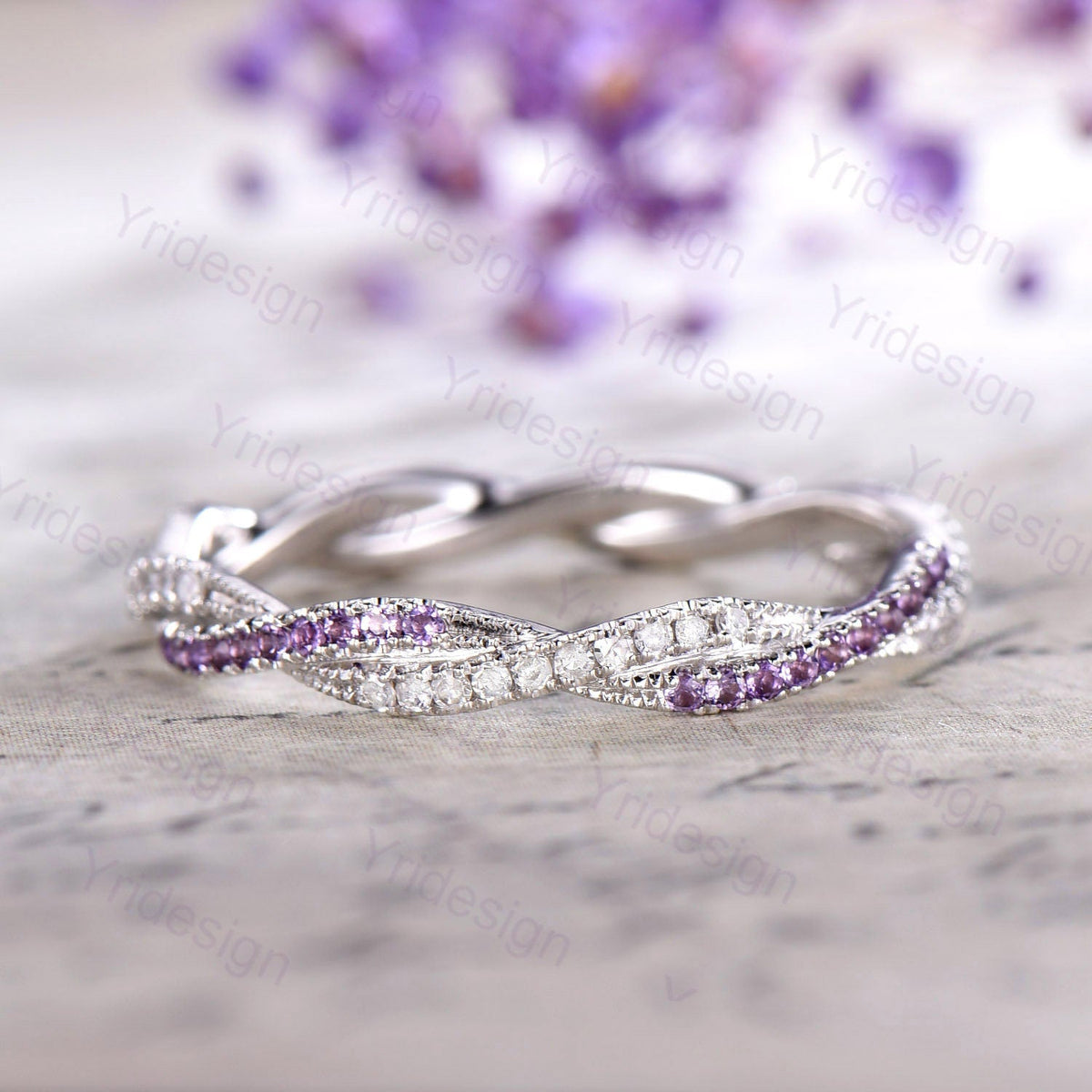Amethyst Diamond Wedding Band, White Gold Eternity Twisted Ring