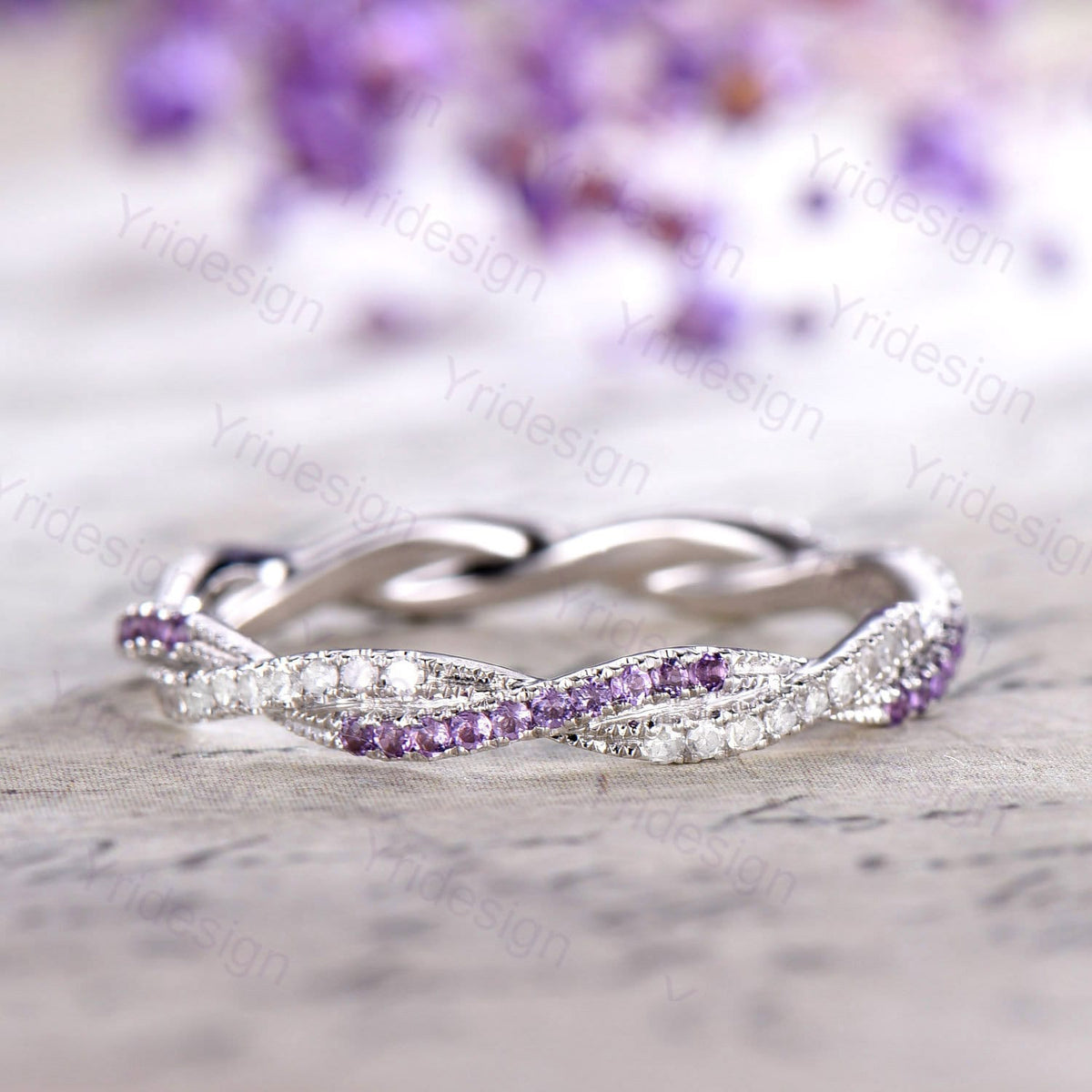 Amethyst Diamond Wedding Band, White Gold Eternity Twisted Ring