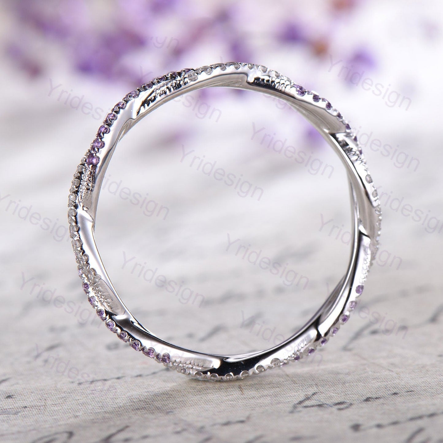 Amethyst Diamond Wedding Band, White Gold Eternity Twisted Ring