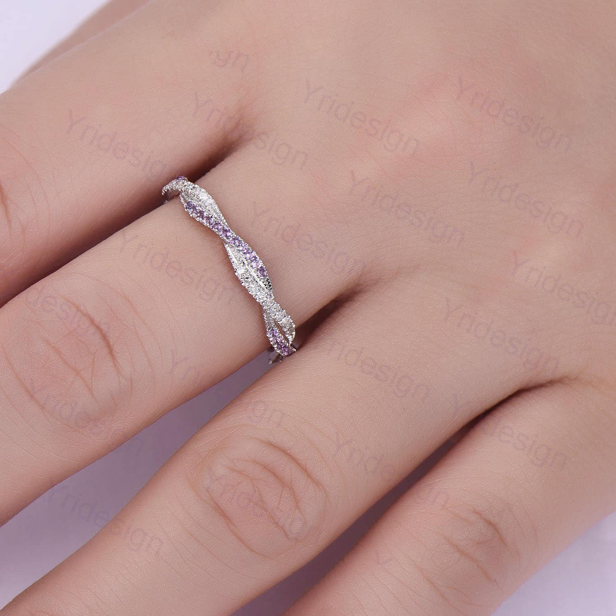 Amethyst Diamond Wedding Band, White Gold Eternity Twisted Ring