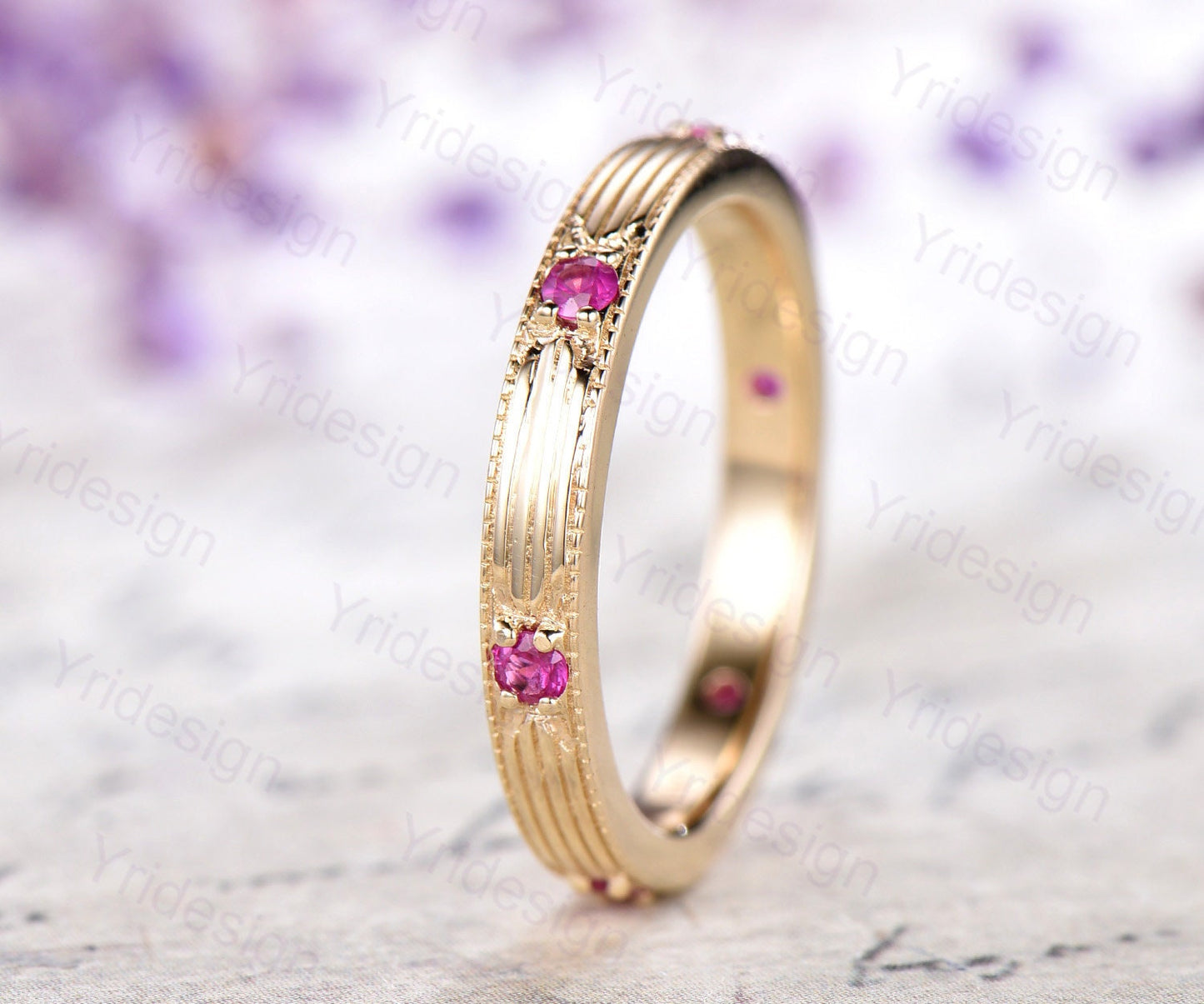 Vintage Ruby Wedding Band Filigree Milgrain Edge, Floral Design, Antique Promise Bridal Ring, July Birthstone Stacking Ring Anniversary Gift