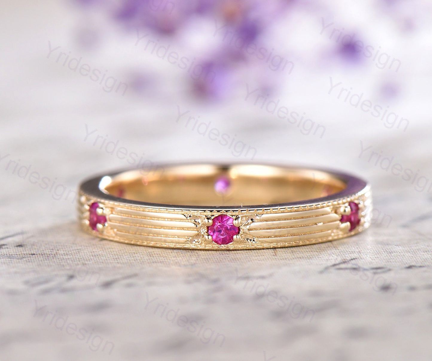 Vintage Ruby Wedding Band Filigree Milgrain Edge, Floral Design, Antique Promise Bridal Ring, July Birthstone Stacking Ring Anniversary Gift