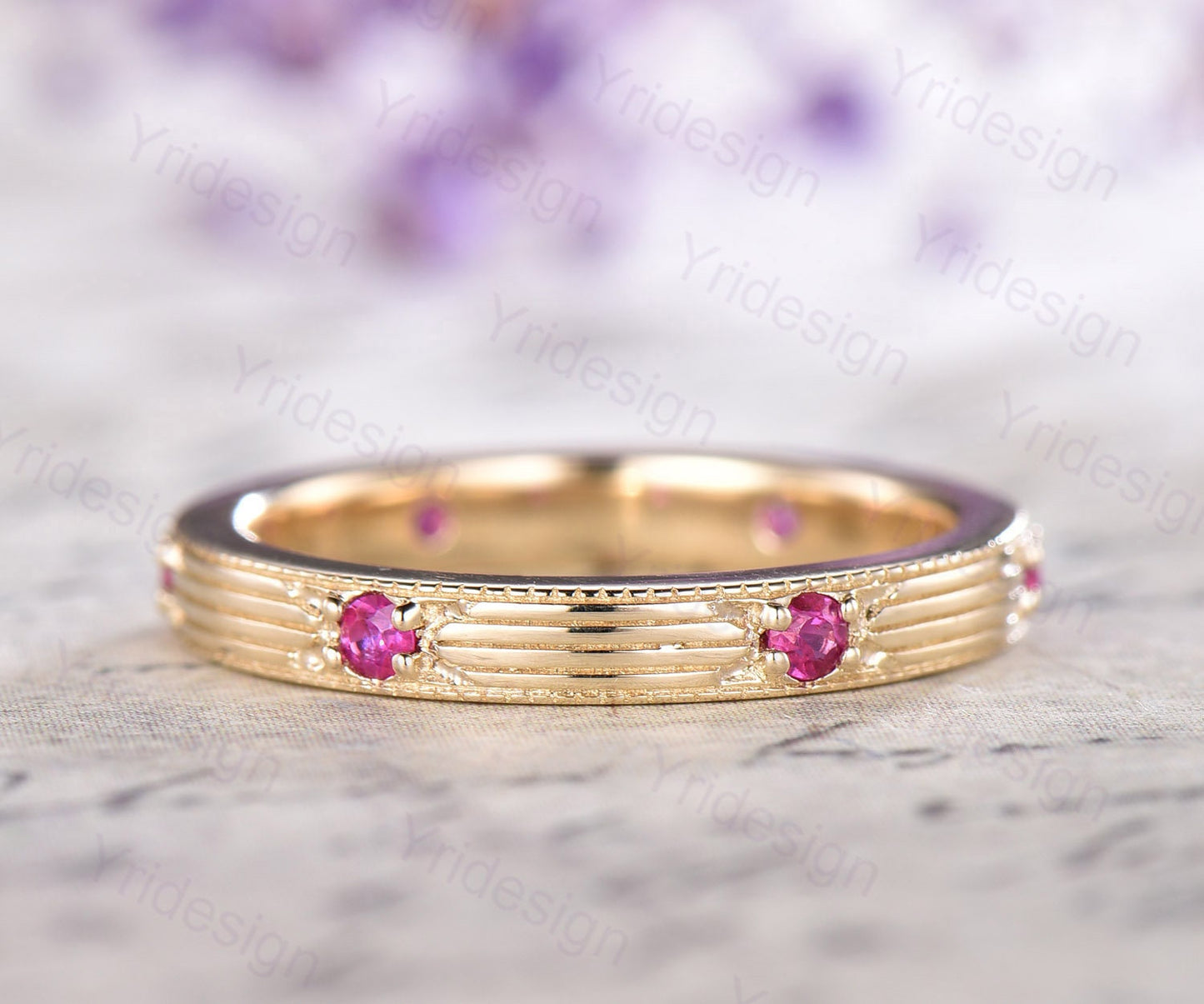 Vintage Ruby Wedding Band Filigree Milgrain Edge, Floral Design, Antique Promise Bridal Ring, July Birthstone Stacking Ring Anniversary Gift
