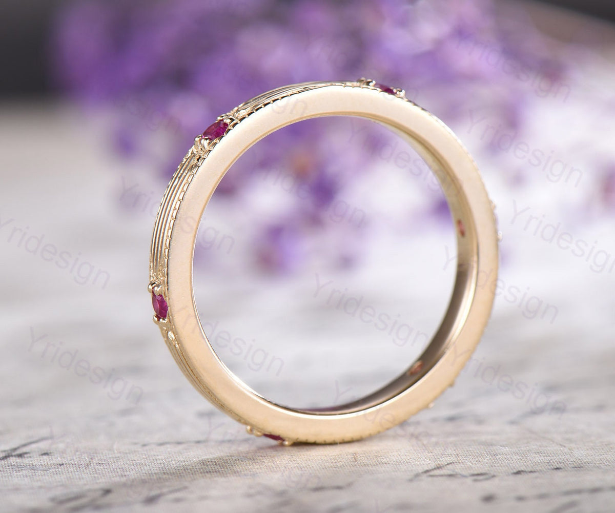 Vintage Ruby Wedding Band Filigree Milgrain Edge, Floral Design, Antique Promise Bridal Ring, July Birthstone Stacking Ring Anniversary Gift